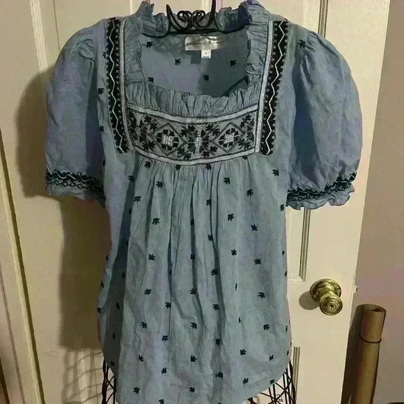 Chelsea & Theodore Boho Blue Embroidered Top - Picture 3 of 5